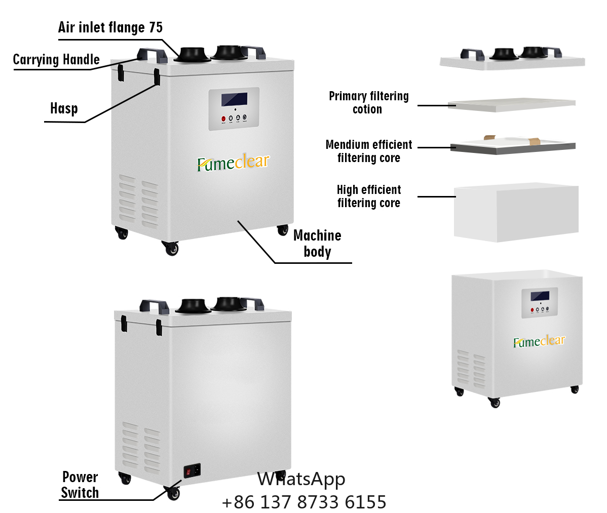 Industrial Laser Fume Extractor - CE認証取得済み 溶接業界向けポータブル排煙装置 300W HEPAフィルター搭載 レーザーマーカー彫刻機カッター用