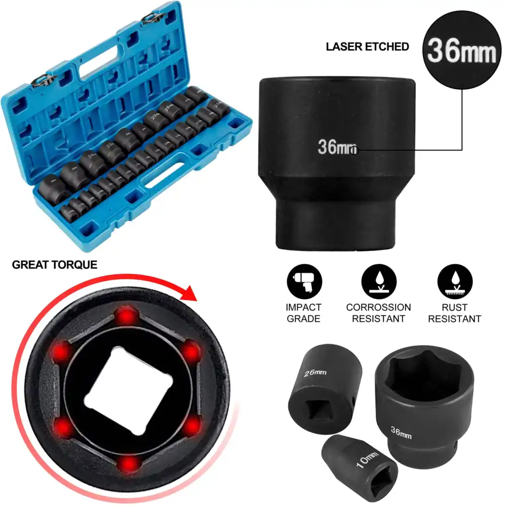 メートル規格インパクトソケットセット、CR-V鋼製6ポイント - Industrial Laser Etching のレビューと価格